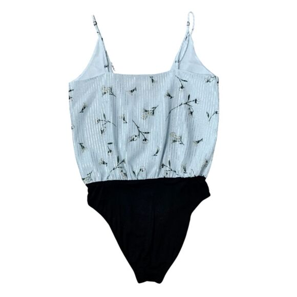 Wayf Blue Lizzie Eyelash Lace Surplice Floral Bodysuit Metallic Pinstripe Size S - Picture 3 of 9